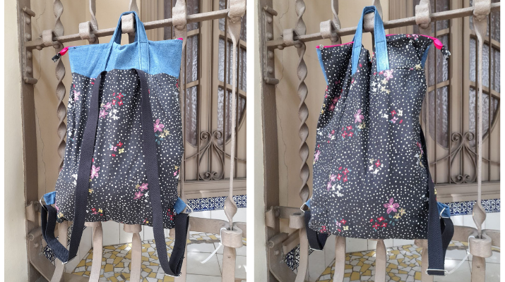 Motxilla amb peces de roba reciclades Motxilla amb peces de roba reciclades